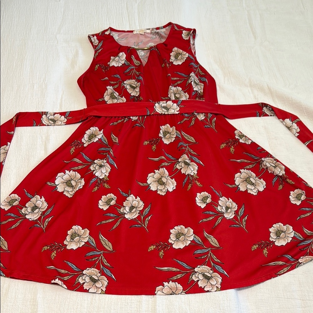 Floral Red Sleeveless Dress with Belt